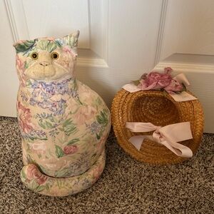 Floral Cat Doorstop with Straw Hat
